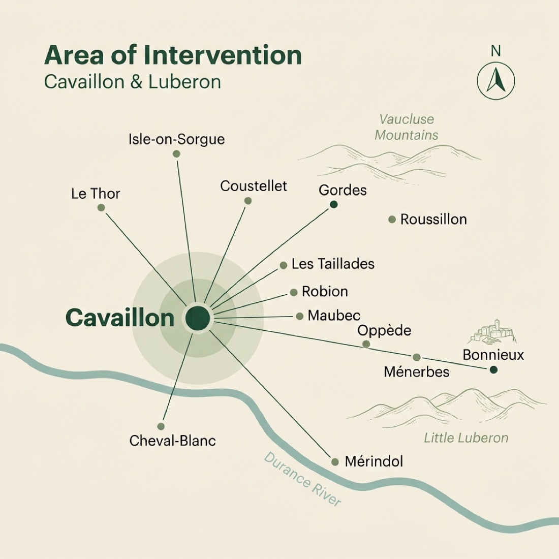 Carte du secteur d'intervention — Cavaillon et le Luberon ouest (Gordes, Bonnieux, L'Isle-sur-la-Sorgue…)